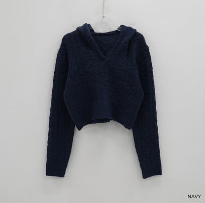 Cable Knit Hooded Sweater Wool Blend